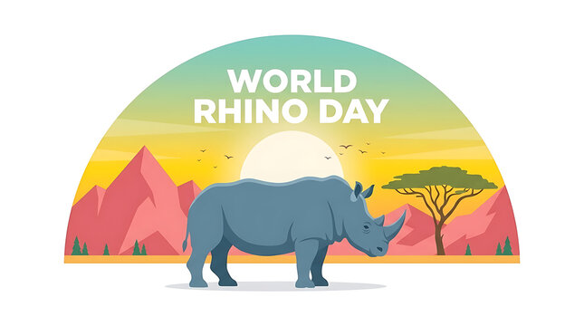 World Rhino Day illustration, rhinoceros in African savanna landscape, wildlife conservation poster with sunset and mountains
