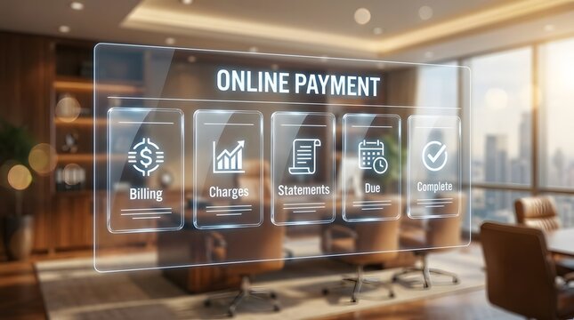 Modern office interior with a digital holographic display showing online payment icons and financial data interface