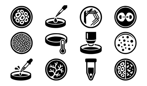 Geometric negative space black and white laboratory petri dish cell culture monogram icon set in 3x4 grid layout