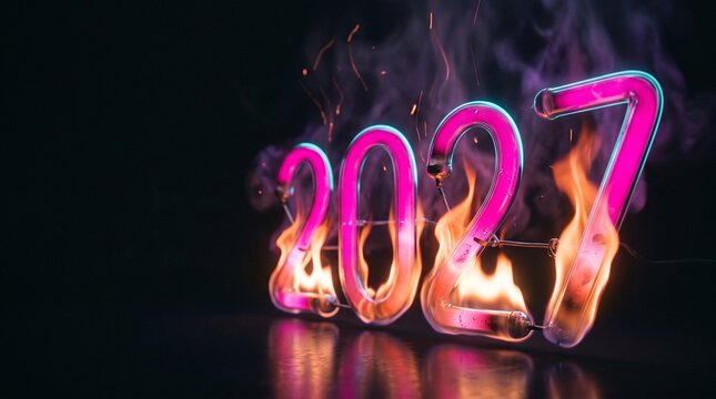 Glass tube 2027 numerals glowing magenta while real orange flame wreathes their bases sending embers and smoke upward on black, representing festive neon and fire happy new year text concept