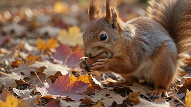 Close-up of a fluffy squirrel with large blue eyes amidst vibrant autumn leaves and an acorn