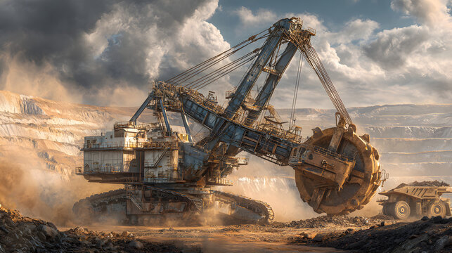 Massive Bucket Wheel Excavator Operating in Open Pit Mine with Heavy Haul Truck