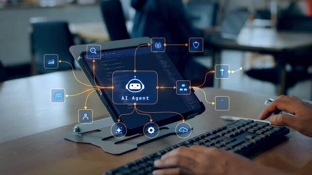 AI Agent Automation Overlay Assisting Programmer Working on Tablet with Source Code Motion Graphics