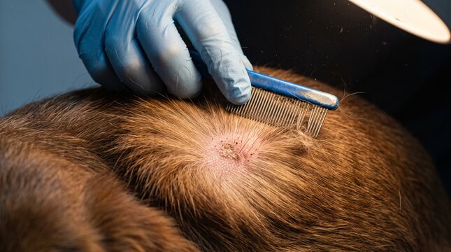 Gloved hands parting chestnut fur with a fine steel flea comb to reveal pale pink skin flakes and dark specks under a warm examination lamp, representing pet parasite control and skin care concept