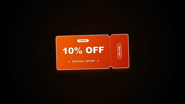 Glowing orange 10 percent off discount coupon voucher on dark background