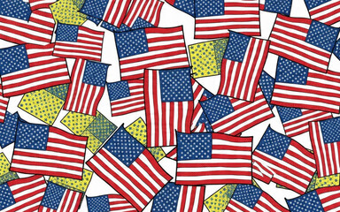 Fototapeta premium Hand drawn American flags pattern with stars and stripes for national holiday celebration and patriotic background design element