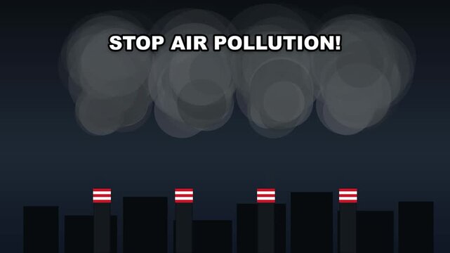 Industrial chimneys emitting smoke with stop air pollution text