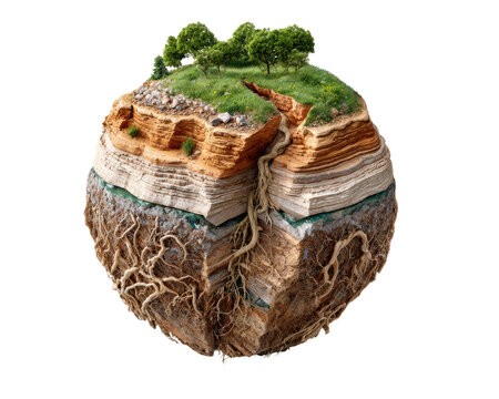 Cross-section of Earth: A detailed cross-section reveals the Earth's layers, from rich soil and vibrant green grass on the surface to deep roots and subterranean strata.