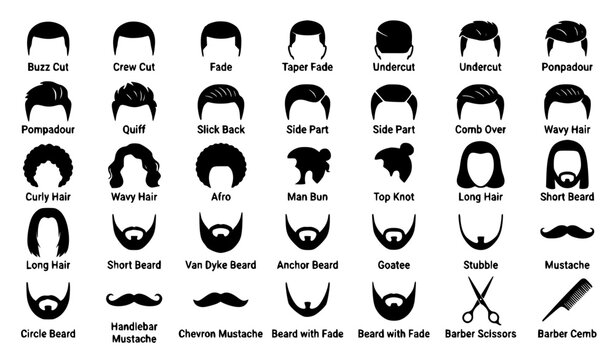 Mens Beard and Hairstyle Icons Vector Set for Barber Shop Haircut Logo and Grooming Design