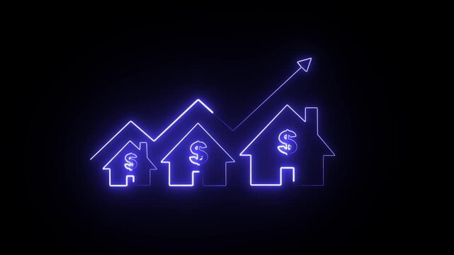 Glowing neon home icon house sign lights animation with up arrow Dollar increase. Neon line of Dollar sign with up arrow inside house icon on black background, 4k animation video,,