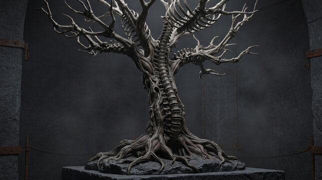 Dark surreal sculpture of tree made from human spine and bones with twisted branches and roots displayed in dim gallery symbolizing life death and anatomical transformation  generative ai