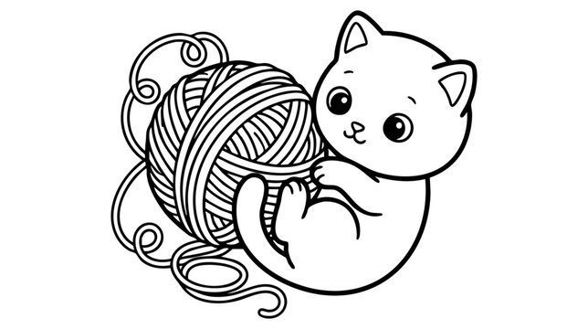Cute Cartoon Kitten Playing with Yarn Ball Coloring Page for Kids