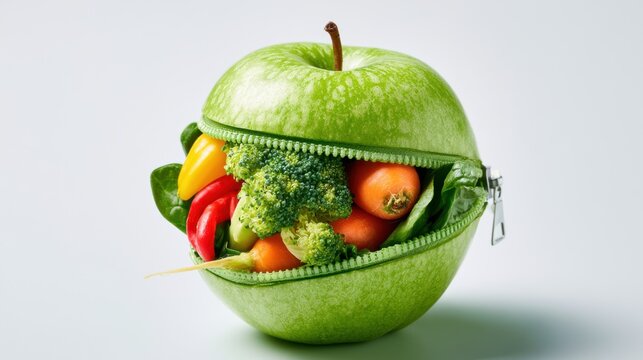 Fresh green apple with zipper opened to reveal colorful variety of healthy vegetables including broccoli, carrot, bell pepper, and chili on white background