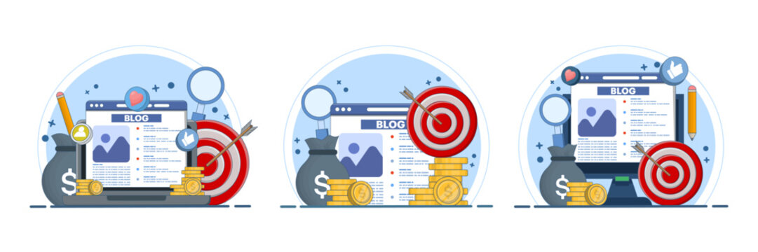 Content blogging illustration set showing article development, digital publishing, blog revenue, online earnings, content marketing, audience engagement, and monetization strategies for creators.