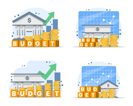 Budget and finance illustration set showing a roadmap to future financial growth, strategic money planning, investment progress, business development, and digital marketing strategies.