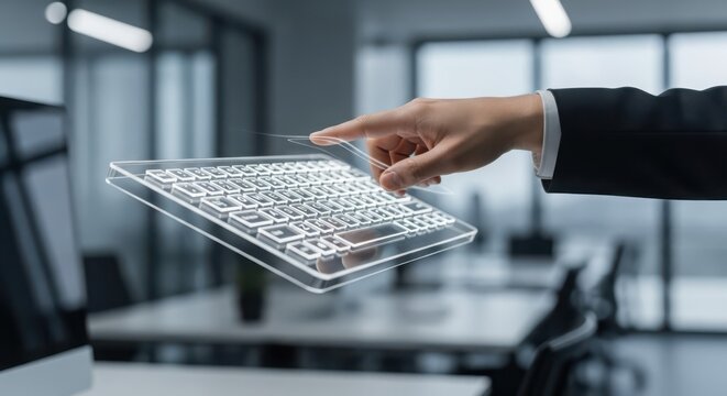 A human hand interacting with a transparent futuristic keyboard interface, representing digital innovation and advanced technology