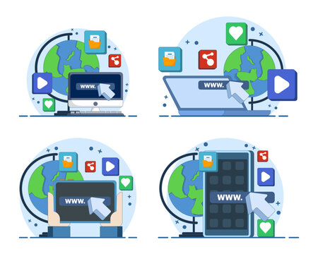 Website development illustration set featuring digital business platforms, web interfaces, coding technology, online services, browser screens, software tools and modern business solutions.
