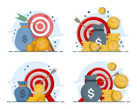 Money target illustration set showing a rising arrow, coin stacks, cash bag, savings goals, financial progress, wealth building, investment strategy, and successful money planning.
