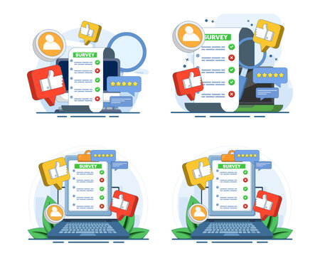 Digital survey illustration set depicting customer questionnaires, feedback forms, satisfaction scores, user experience reviews, online responses, opinion collection, and service evaluation.