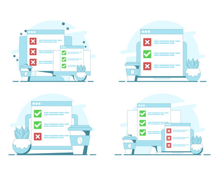 Digital assessment illustration set showing multiple computers, checklist forms, check and cross symbols, online exams, test verification, result evaluation, and line art vector graphics.