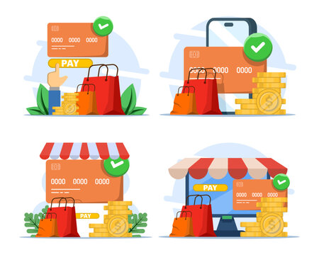 Flat vector illustration set about protected online shopping, featuring mobile card payments, virtual checkout, purchase bags, digital money, transaction safety and e-commerce marketing.