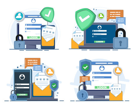 Secure login illustration set showing two-step verification, OTP authentication, password security, account access, device login screen, identity confirmation, and online data protection.