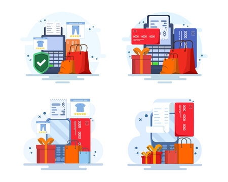 Cashless shopping illustration set showing tap-to-pay transactions, mobile payments, card terminals, invoices, debit cards, credit cards, retail purchases, and wireless checkout services.