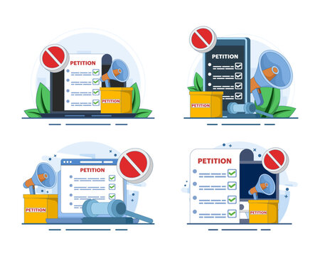 Petition illustration set featuring online forms, voting ballots, public appeals, democratic choices, complaint documents, signature collection, civic participation, and digital petition concepts.