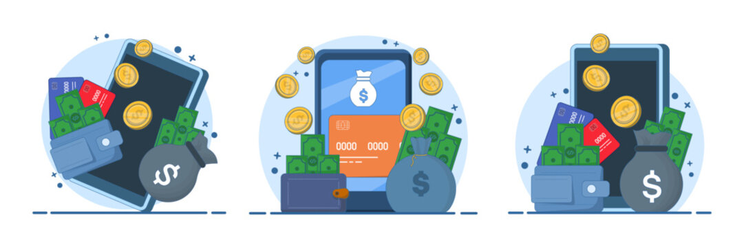 Personal finance illustration set featuring cash savings, bank accounts, payment cards, e-wallets, money transfers, budgeting tools, financial planning and everyday money management.