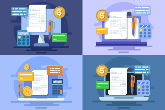 Digital billing illustration set showing businesses preparing online invoices, sending bills, processing payments, managing accounting records, tracking transactions, and organizing financial data.