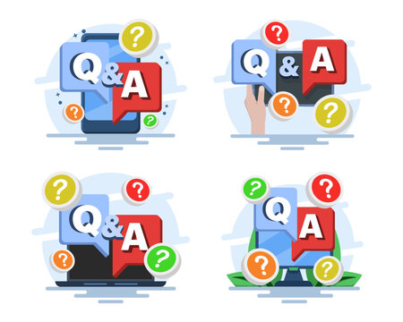 FAQ illustration set featuring questions and answers, customer inquiries, help center support, Q and A communication, information search, common queries, and digital assistance.