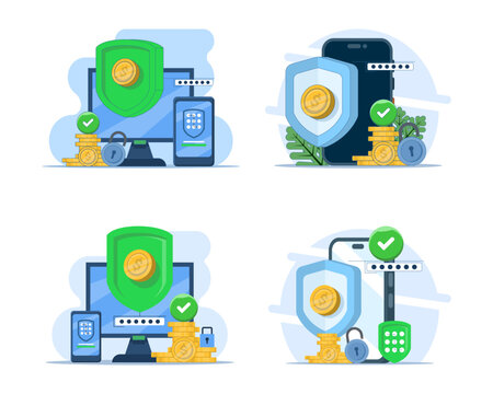 Payment protection illustration set featuring secure transactions, encrypted financial data, digital payment safety, fraud prevention, protected accounts, online banking security and privacy.