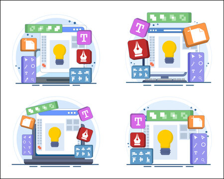 Graphic design software illustration set featuring laptop screens, creative tools, design icons, digital artwork, editing elements, graphic designers, visual projects, and modern vector templates.