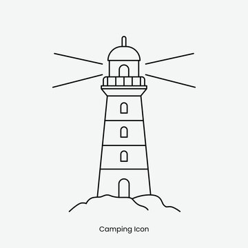 Lighthouse on Rocky Shore Line Art Illustration Outline