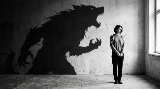 Woman's Shadow Casts Fierce Beast Silhouette on Textured Wall