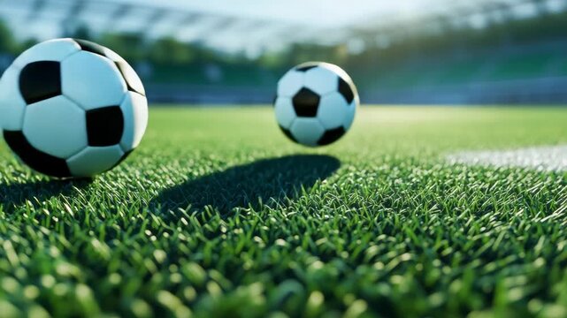 An of a soccer ball resting on the edge of a field during game time.