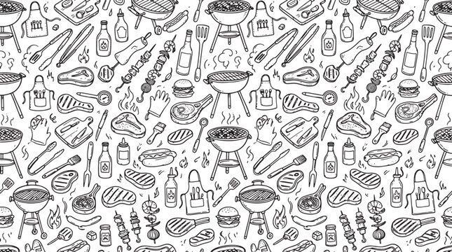 Barbecue and grilling seamless pattern with hand drawn food items and cooking tools in sketch style