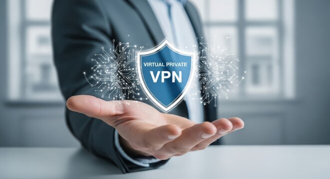Businessman presenting a Virtual Private Network shield icon floating above his open palm, symbolizing online security and data protection.