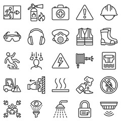 Fototapeta premium Safety icons set displays various workplace hazard warnings and emergency equipment symbols in a clean linear design style.