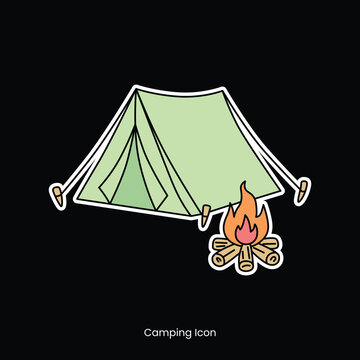Green Tent and Campfire Camping Illustration Sticker