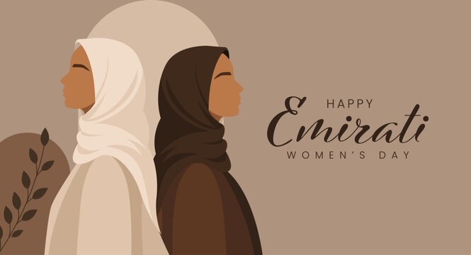 Happy Emirati Women's Day Banner with Two Women in Traditional Hijab Standing Back to Back Minimal Illustration