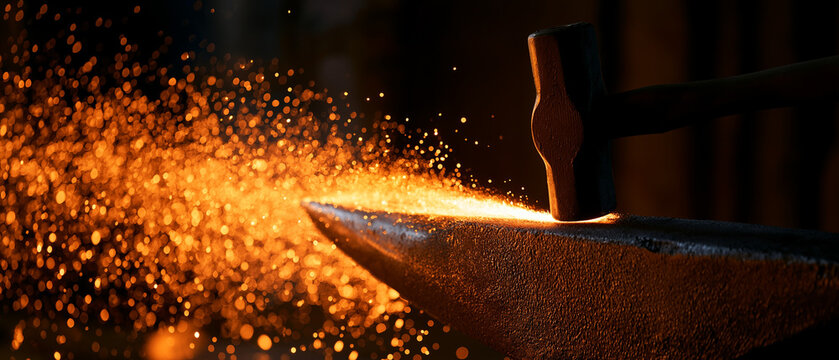 Forge's Fiery Dance: Sparks fly like a meteor shower as a blacksmith's hammer strikes a glowing hot metal piece resting on a sturdy anvil, showcasing the raw energy of creation and craftsmanship.