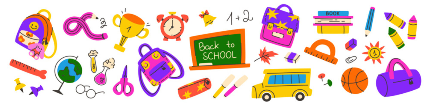 Back to school sticker set with books, pencil icons and education elements. Vector illustration with cute teacher designs, student supplies and retro cartoon paper art for classroom decor.