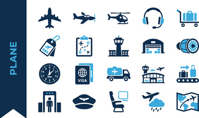 Navy blue aviation vector icons featuring airplane drone helicopter pilot headset baggage cart passport control tower runway luggage radar ambulance hangar and airport travel services for web © Ali