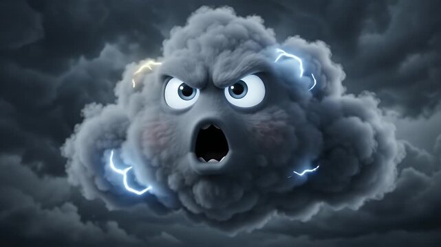 Angry cartoon storm cloud with lightning flashes and menacing expression against a dark, stormy sky