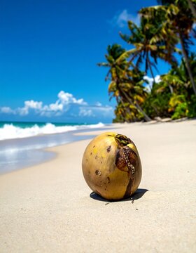 A serene beach scene featuring a single, brown, spotted fruit on the sand with palm trees and ocean waves in the background