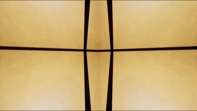 Abstract minimalist warped grid animation. Yellow blocks mirrored in geometrical walls