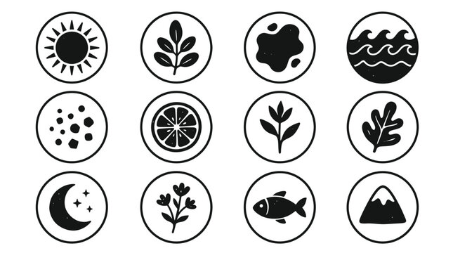 Collection of Nature and Celestial Icons in Circles.