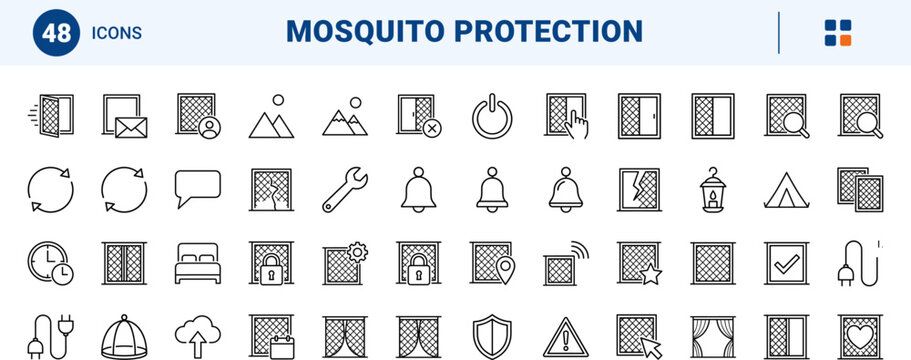 Mosquito Net Web Icon Set in Linear Style. Collection of Canopy Protection line icons, including check mark, security, settings, repair, download, broken mesh, bed canopy, tent and more.