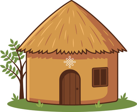 A simple vector illustration of a traditional round mud hut with a thatched roof, wooden door, window, and surrounding greenery. Ideal for rural, village, culture, architecture, and educational design